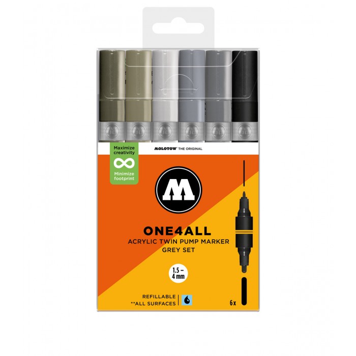 Pack 6 rotuladores acrílicos One4all doble punta 1,5mm-4mm Grey Set