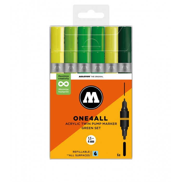 Pack 6 rotuladores acrílicos One4all doble punta 1,5mm-4mm Green Set